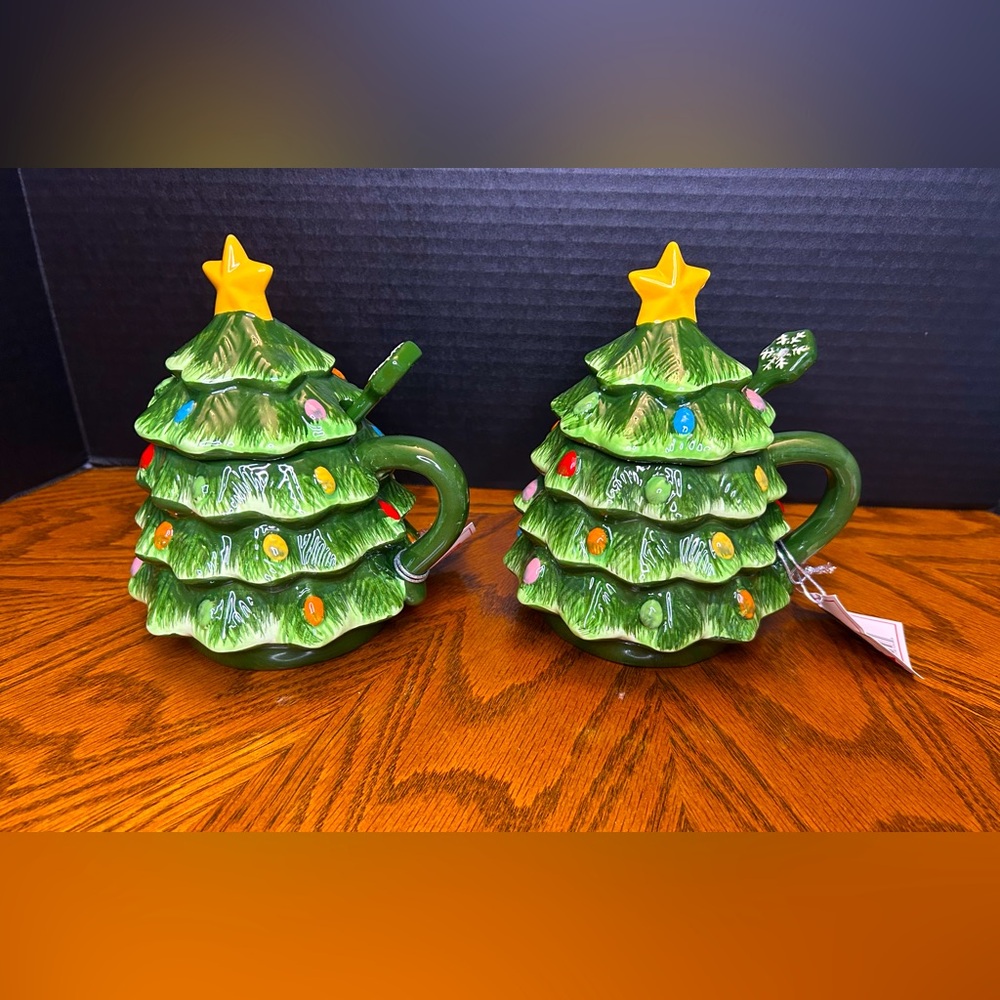 Mr. Christmas Green Nostalgic Tree Mug w/ Lid Spoon 16 oz Classic Set of 2 NEW